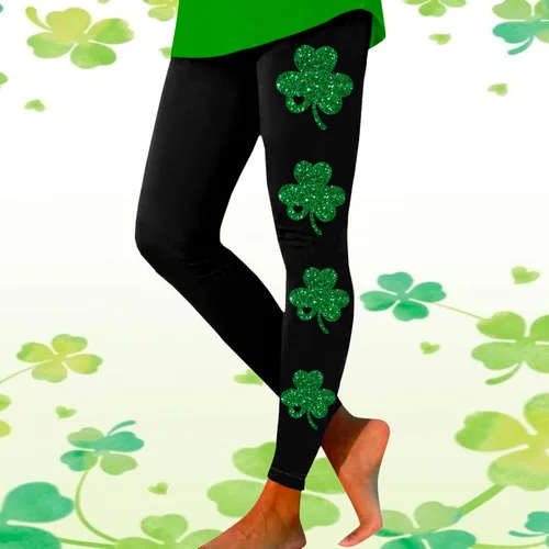 Vista 2 de soighxzc Leggings del día de San Patricio para mujer, con hojas de trébol, pantalones verdes, ajustados, con control de abdomen, pantalones de yoga