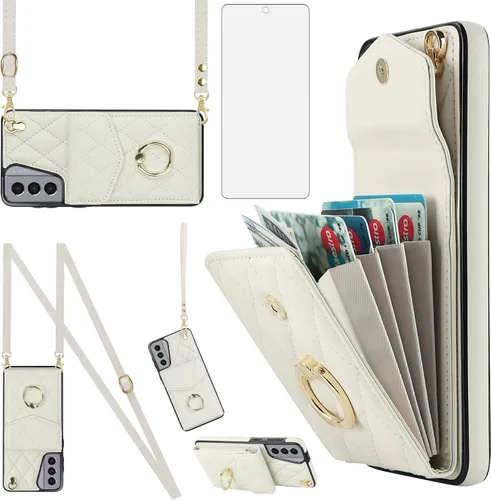Vista 10 de Funda para teléfono Samsung Galaxy S21 5G de 6.2 pulgadas, funda tipo cartera con protector de pantalla de vidrio templado y correa cruzada
