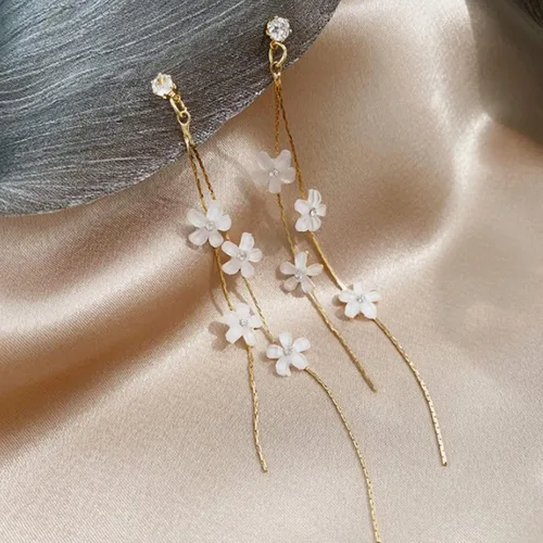 Vista 2 de Pendientes de gota de flores, aretes de trébol de plata 925, aretes lineales, aretes colgantes de flores, aretes delicados, aretes florales, aretes