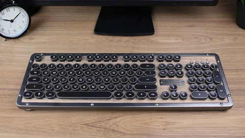 Vista 7 de Azio Retro Classic Bluetooth (Elwood) - Teclado mecánico retroiluminado inalámbrico/USB con cable de madera de nogal vintage para PC/Mac, madera