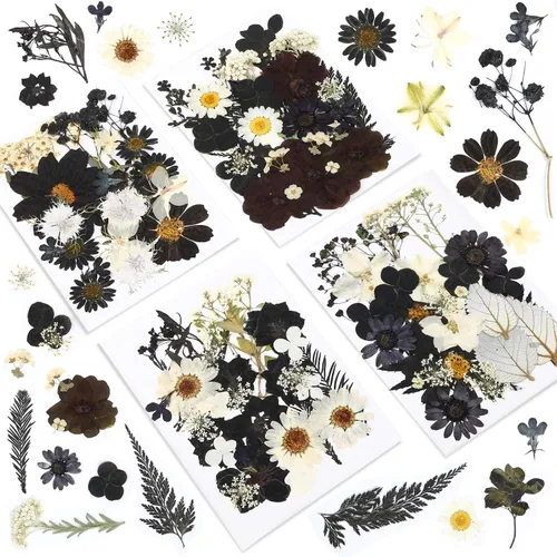 Vista 15 de Augshy Juego de flores secas prensadas reales con calcomanías transparentes de mariposa, calcomanías para álbumes de recortes, flores secas