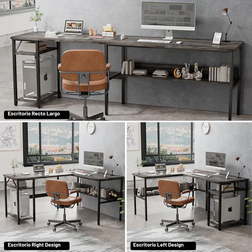 Vista 6 de Unikito Escritorio reversible en forma de L con tomas de corriente mágicas y puertos de carga USB, escritorio de esquina para computadora resistente