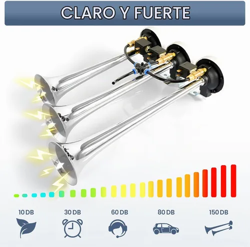 Vista 4 de Highsoar - Bocina de aire para camión de 12 V/24 V, 150 DB, 3 bocinas de trompeta, kit universal para coche, tren, barco