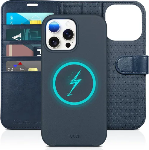 Vista 10 de Funda tipo billetera TUCCH para iPhone 15 Pro Max, con bloqueo RFID, con soporte para 4 tarjetas, a prueba de golpes, con interior de TPU, con funda