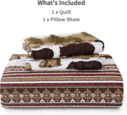 Vista 6 de PPOLCA Juego de ropa de cama para cabaña tamaño individual, edredón rústico reversible ligero de Navidad con diseño de osos, 2 piezas de colcha