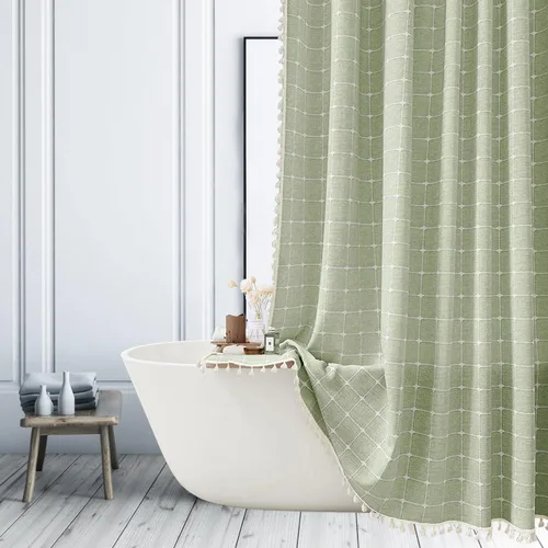 Vista 14 de Cortina de ducha de tela de estilo granja con rayas negras, cortina de baño bohemia de patchwork de gingham, cortina de baño rústica y elegante