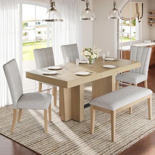 Vista 16 de Harper & Bright Designs 6-Piece Solid Wood Kitchen Dining Table Set, 60" Rectangular Table with 4 High-Back Tufted Upholstered Chairs & 1 Bench for