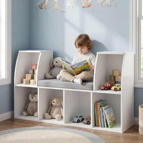 Vista 9 de Costzon Estantería infantil con rincón de lectura, estantería de 6 cubos con cojín de asiento suave, organizador de almacenamiento de juguetes