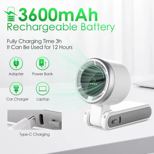 Vista 4 de Mini ventilador turbo portátil, ventilador de cuello de viaje recargable por USB con 5 velocidades, batería de 3600 mAh y velocidad de 15000 RPM