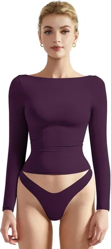 Vista 13 de SUUKSESS Camiseta de mujer con cuello redondo, manga larga, doblemente forrada, ajustada y corta