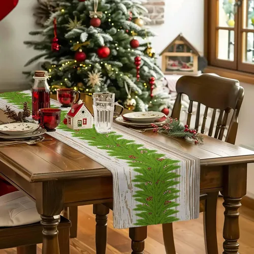 Vista 5 de Camino de mesa con guirnalda de Navidad, algodón y lino, para decoración de Navidad, bufanda larga de 48 pulgadas, para vacaciones, invierno