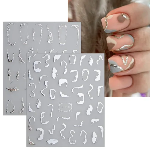 Vista 3 de JMEOWIO 9 hojas de calcomanías de arte de uñas con líneas de mármol, autoadhesivas, pegatinas para uñas plateadas, suministros para uñas, diseño