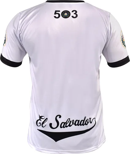 Vista 3 de Fury Camiseta de fútbol El Salvador - Camisa unisex blanca y negra para todos los salvadoreños