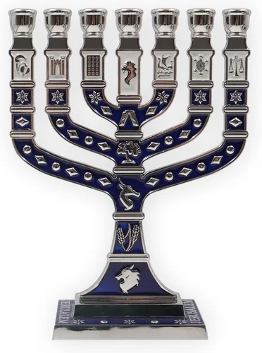 Vista 7 de Menorá de Esmalte Azul de Jerusalén de 7 Ramas, 10.8" de alto, con 12 Tribus de Israel, Portavelas (27.4 cm)
