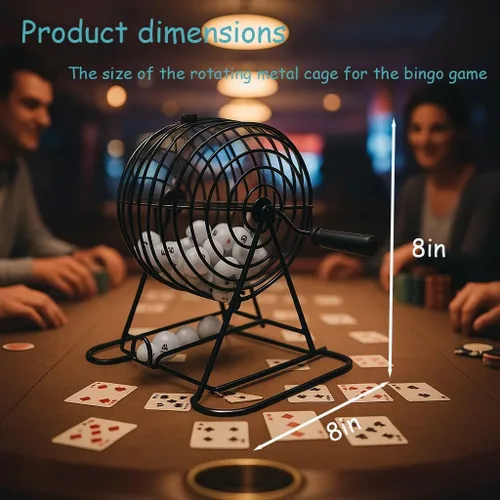 Vista 2 de Juego de jaula de bingo para adultos y jóvenes, el juego de bingo premium incluye jaula de metal giratoria de 8 pulgadas, 75 bolas de bingo, 18