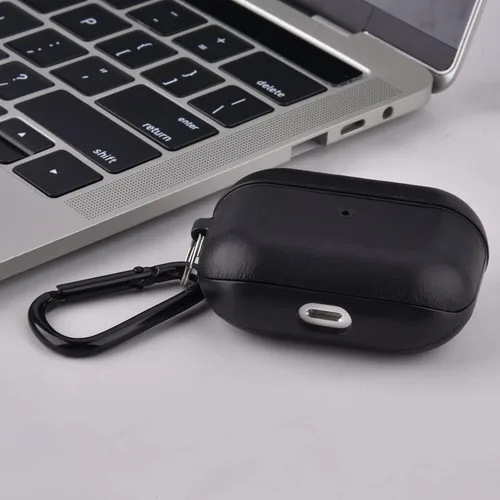 Vista 3 de Funda compatible con Apple AirPods Pro, piel auténtica y cubierta de PC, funda protectora completa con llavero, color negro