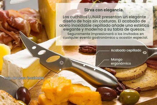 Vista 8 de Lunar - Juego de cuchillos de queso de 6 piezas, colección de cuchillos de queso de acero inoxidable de alta calidad, accesorios para tabla