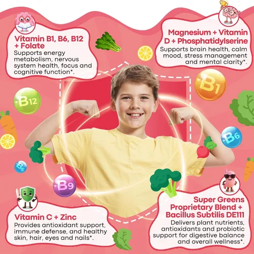 Vista 5 de Vitamin B Complex for Kids with B1, B6, B9, B12 & Magnesium, Super Greens, Kids B Complex Supplement for Brain Support, Energy & Focus, Digestive