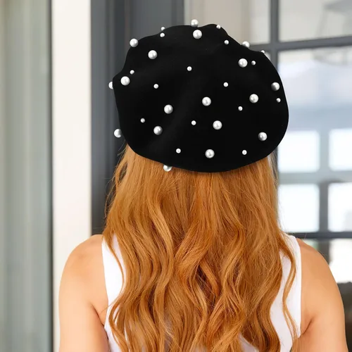 Vista 5 de Boina de cachemira de perlas estrelladas de lujo para mujer, accesorio elegante de invierno, Negro