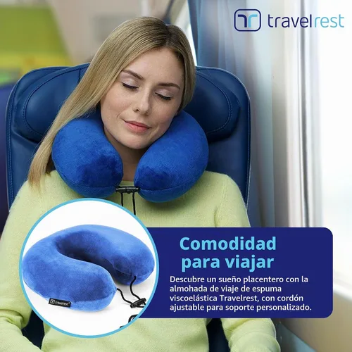 Vista 6 de Almohada terapéutica de viaje Travelrest, viscoelástica, de felpa, con cobertura de microfibra lavable, se engancha al equipaje, Memory Foam, Azul