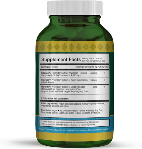 Vista 3 de Harmony Nutraceuticals Vidanga & Beyond™ Extracto de alta potencia con neem y triperine® Limpieza intestinal y apoyo de defensa 120 cápsulas