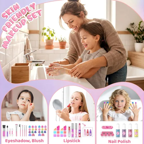 Vista 5 de PERRYHOME Kit de maquillaje para niños para niña, juego de cosméticos reales lavables de 59 piezas, juego de maquillaje para niños no tóxicos, kit