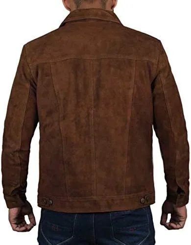 Vista 3 de Logan Brown Cowboy Style Trucker - Chaqueta de piel de ante para hombre, chaqueta de vaquero para hombre, chaqueta de ante para hombre