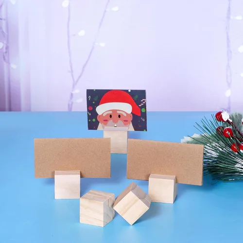 Vista 3 de 20 portatarjetas de madera para colocar tarjetas de mesa, soportes para letreros pequeños, tarjetero de madera rústica con tarjetas de papel marrón