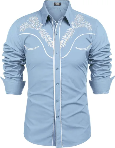 Vista 11 de COOFANDY Camisa occidental para hombre de manga larga con bordados, camisa de vaquero casual con botones café (01-Coffee(Pattern1))