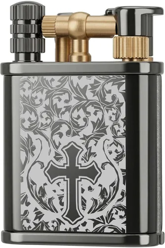Vista 2 de Encendedor permanente 2 en 1 con brazo de elevación de estilo antiguo, encendedor de queroseno con fósforo permanente (cruz de hielo negro)