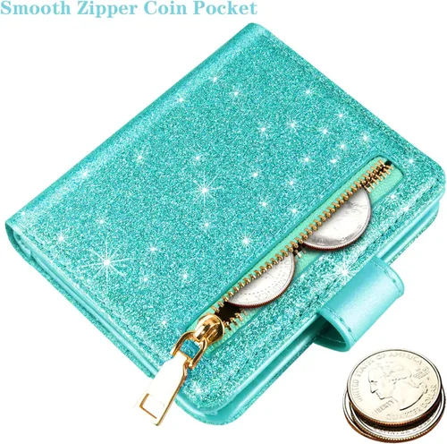 Vista 4 de Simikol Billeteras pequeñas para mujer Slim Minimalistfor Bifold Credit Card Holder para bolsillo o monedero, Glitter Tiffany
