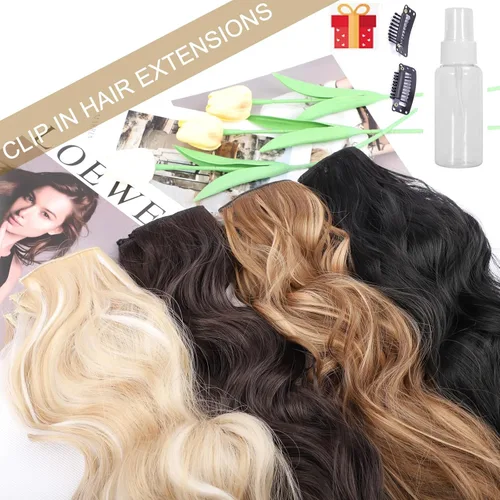 Vista 6 de 4 piezas de extensiones de cabello rizado con clip, color dorado oscuro, mezcla de rubio beige, sintético de 20 pulgadas de largo, extensiones