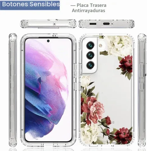Vista 5 de Funda de teléfono para Galaxy S22, Samsung S22 5G SM-S901U con protector de pantalla de vidrio templado, bonito patrón floral transparente, funda