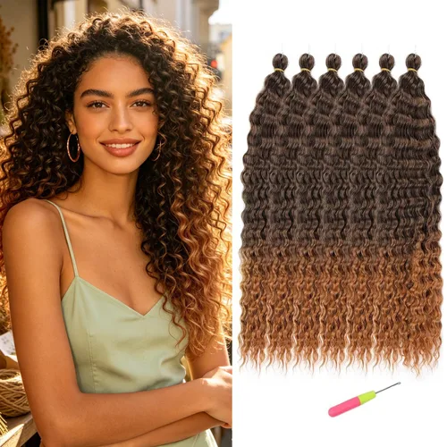 Vista 37 de MAYSA Cabello ondulado de ganchillo azul, cabello ondulado con ganchillo para mujer, extensiones de cabello sintético de onda profunda de 22