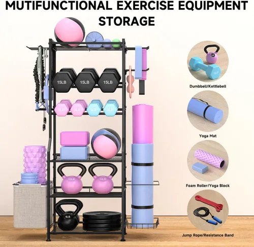 Vista 4 de Estante para mancuernas, almacenamiento de gimnasio en casa para pesas rusas, esterilla de yoga y equipo de entrenamiento de fuerza, estante