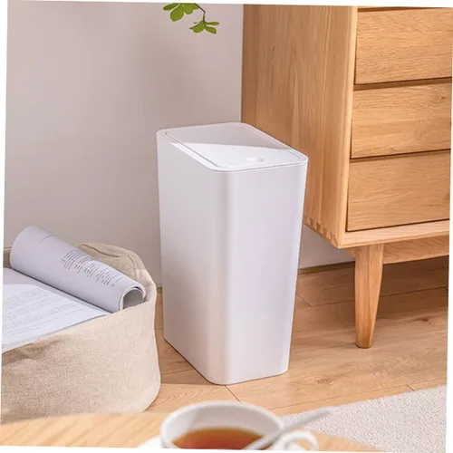 Vista 5 de Bote de basura delgado de plástico con tapa de prensa- para baño, cocina, oficina, color blanco