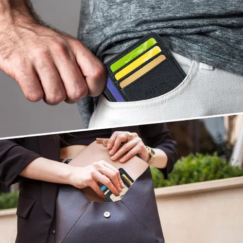 Vista 4 de Hoewina Cartera delgada para hombre, bolsillo frontal minimalista con bloqueo RFID, billetera de cuero delgada para tarjetas de viaje, regalos