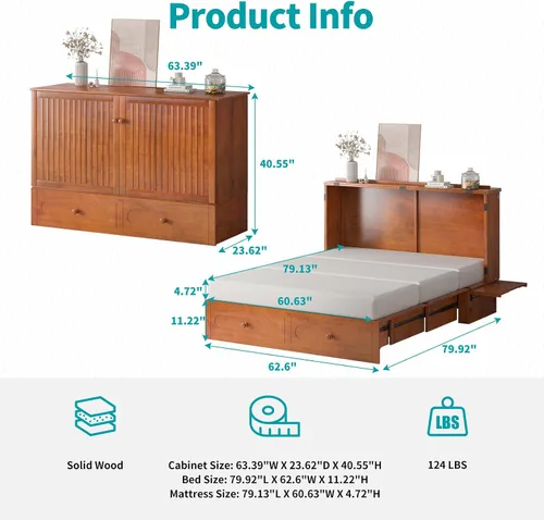 Vista 2 de BALUS 63" W Murphy Bed Queen, Murphy Cabinet Beds with Tri-Fold Mattress & USB Charging Station, Space-Saving Wooden Wall Bed Cabinet with 2 Large