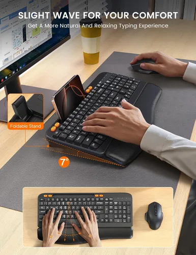 Vista 2 de SABLUTE - Combo de teclado y mouse inalámbricos ergonómicos con llave Wave Leather Soft Palm Rest, Rechargeable, 4-Level DPI, Phone Holder