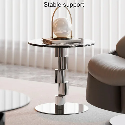 Vista 4 de Mesa auxiliar redonda, mesa auxiliar con patrón de mármol, mesa de centro moderna, mesa de consola con base de acero inoxidable, mesa de cóctel