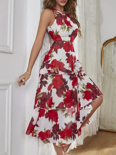 Vista 3 de WDIRARA Vestido de gasa con estampado floral de talle alto sin mangas y volantes para mujer