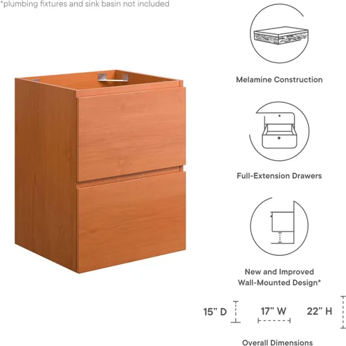 Vista 8 de Modway Mueble de tocador de baño de montaje en pared, lavabo no incluido, 18 pulgadas, nogal cereza