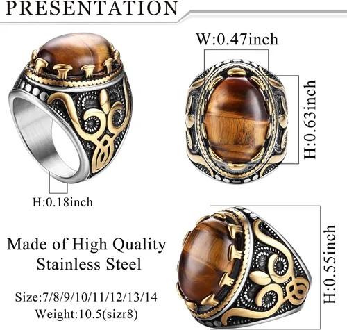 Vista 2 de LOLIAS 3 anillos de acero inoxidable con sello para hombre, anillo retro vintage con piedra de ojo de tigre, anillos de banda de nudo celta negro