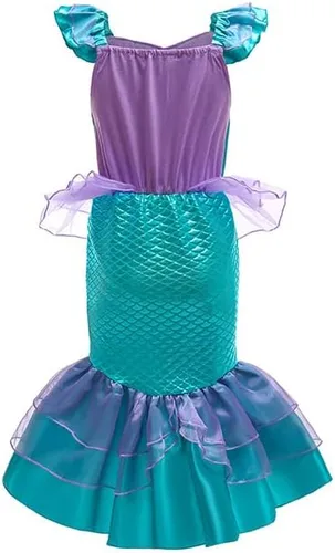 Vista 3 de Disfraz de sirena para niñas, disfraz de sirena de princesa con accesorios para cosplay de Halloween