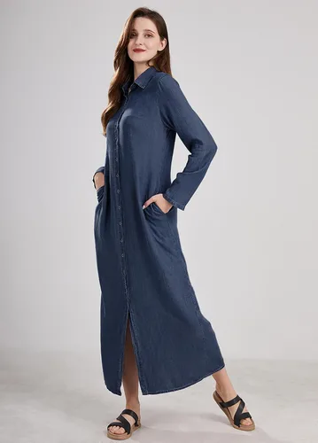 Vista 10 de utcoco Vestido largo casual de mezclilla con botones para mujer, con solapa, manga larga, con bolsillos