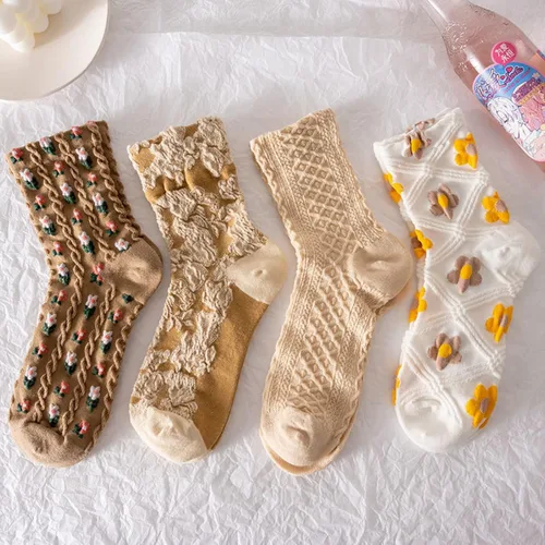 Vista 12 de Juego de 6 pares de calcetines de algodón transpirables de punto floral para mujeres y niñas
