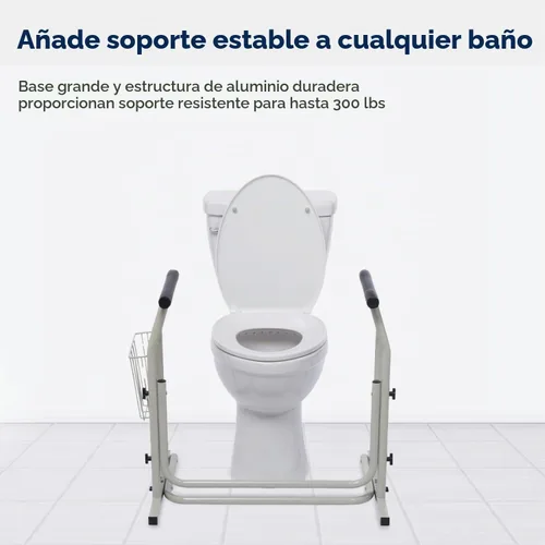 Vista 3 de Raíl de seguridad Drive Medical para inodoro, color blanco. Freestanding Design Supports Users Up to 300 Pounds with Sturdy Grab Bar for Added