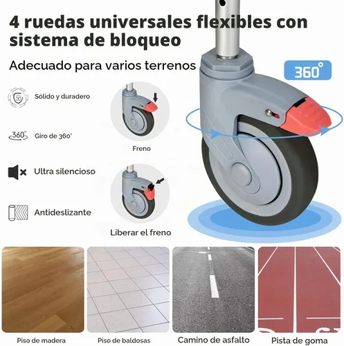 Vista 5 de Giantex Silla de ruedas 4 en 1 para inodoro con brazos, 4 ruedas bloqueables, cubo desmontable, altura ajustable y reposapiés abatible, silla