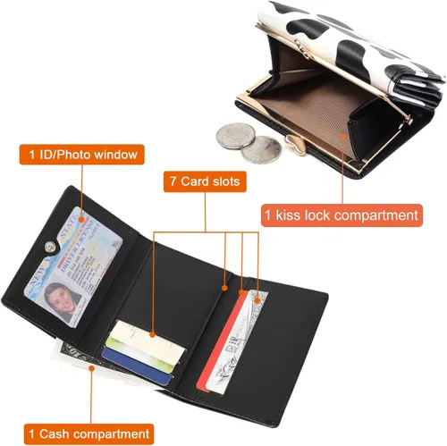 Vista 2 de Sunwel Fashion Cartera pequeña con estampado de vaca para niñas, con bolsillo para efectivo, tarjetero para tarjetas de identificación, con ventana