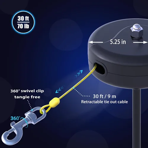 Vista 8 de Cable y estaca de amarre para perros de 30 pies, anclaje de acero en espiral pesado de 360° sin enredos y correa retráctil para perros pequeños a